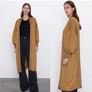 Zara Kimono Duster Womens Small Gold Metallic Longline Jacquard Puff Sleeve Knit